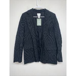 H&M Size S 100% Cotton Black Eyelet One Button Blazer Office Travel Career NWT